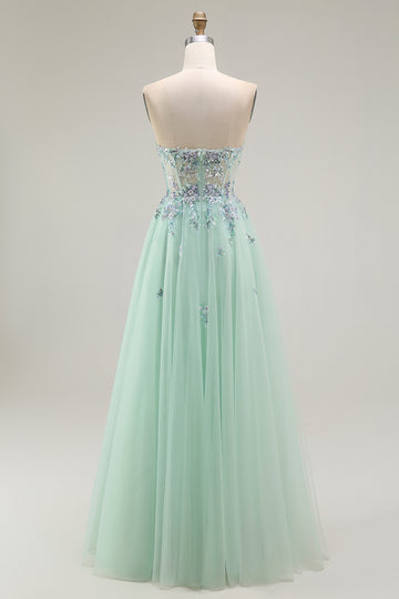 Strapless A Line Appliqued Green Prom Dress